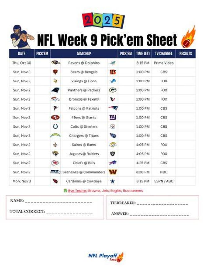 Week 9 Nfl Schedule Printable Customize and Print